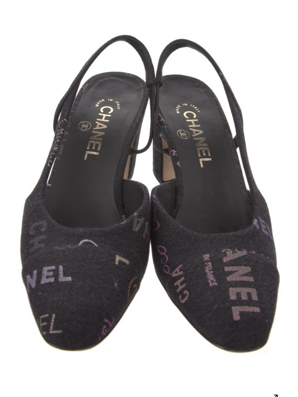 CHANEL Black Printed Slingback Mules